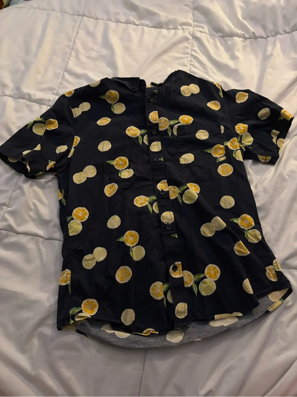 Men's Black Short-Sleeve Button-Down Shirt with Yellow Lemon Print